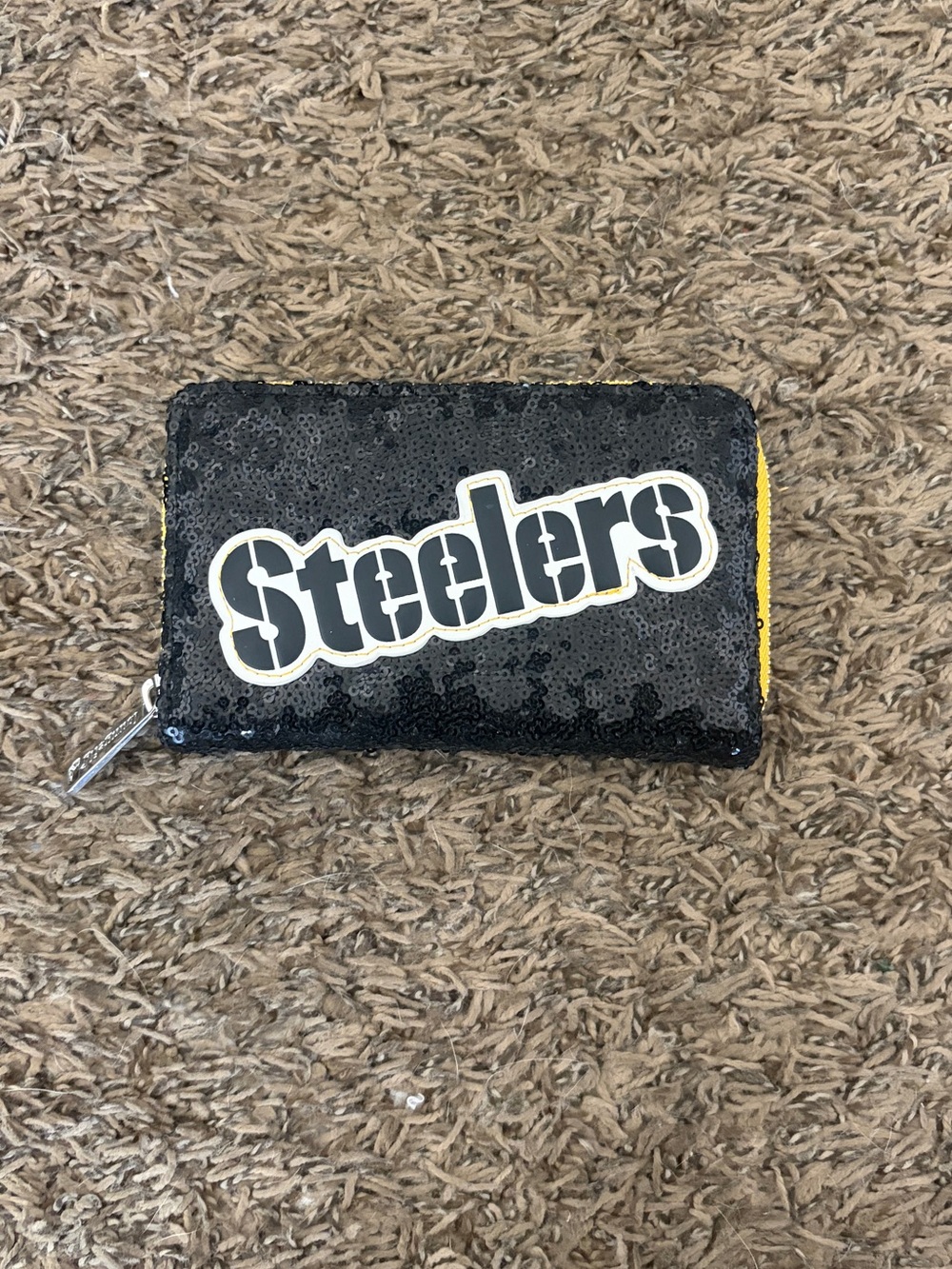 Loungefly Black Sequin Steelers Zip Wallet with Yellow Trim